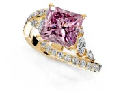 Solitaire Engagement Ring Setting for Fancy Pink Princess Cut Center with Pave Bypass Twist Band and Prong Head in Yellow Gold