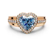 Halo Engagement Ring Setting for Fancy Blue Heart-Shaped Center with Wide Band, Inlaid Accent Row and Prong Head in Rose Gold
