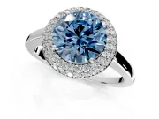 Halo Engagement Ring Setting for Fancy Blue Round Cut Center with Plain Tapered Band and Prong Head in White Gold