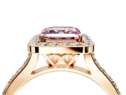 Halo Engagement Ring Setting for Fancy Pink Asscher Cut Center with Pave Accents, Heart Basket and Prong Head in Rose Gold