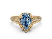 Solitaire Engagement Ring Setting for Fancy Blue Pear-Shaped Center with Accented Split Shank and Prong Head in Yellow Gold