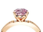 Solitaire Engagement Ring Setting for Fancy Pink Cushion Cut Center with Milgrain-Edged Pave Band and Prong Head in Rose Gold