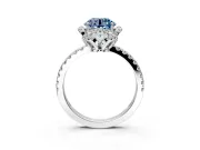 Halo Engagement Ring Setting for Fancy Blue Round Cut Center with Openwork Halo, Pave Band and Prong Head in White Gold