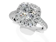 Halo Engagement Ring Setting for Cushion Cut Center with Raised Halo, Pave Band and Prong Head in Platinum
