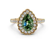 Milgrain Floral Halo Engagement Ring Setting for Fancy Green Pear-Shaped Center with Pave Band and Prong Head in Yellow Gold