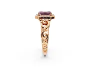 Halo Engagement Ring Setting for Fancy Pink Emerald Cut Center with Open Scroll Shoulders and Prong Head in Rose Gold