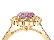 Milgrain Floral Halo Engagement Ring Setting for Fancy Pink Cushion Cut Center with Pave Band and Prong Head in Yellow Gold