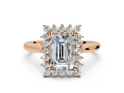 Starburst Halo Engagement Ring Setting for Emerald Cut Center with Thin Round-Wire Band and Prong Head in Rose Gold
