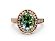 Halo Engagement Ring Setting for Fancy Green Oval Center with Outer Bezel Rim, Pave Band and Prong Head in Rose Gold