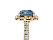 Halo Engagement Ring Setting for Fancy Blue Cushion Cut Center with Narrowing Pave Band and Prong Head in Yellow Gold