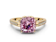 Cathedral Engagement Ring Setting for Fancy Pink Cushion Cut Center with Antique-Style Pave Band and Prong Head in Yellow Gold