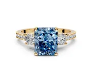 3 Stone Engagement Ring Setting for Fancy Blue Radiant Cut Center with Round Cut Side Accents and Prong Head in Yellow Gold