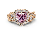 Milgrain Halo Engagement Ring Setting for Fancy Pink Heart-Shaped Center with Shoulder Bezels and Prong Head in Rose Gold