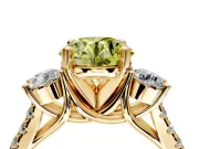 3 Stone Engagement Ring Setting for Fancy Yellow Round Cut Center with Crossover Basket, Pave Band and Prong Head in Yellow Gold