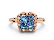 Floral Frame Engagement Ring Setting for Fancy Blue Princess Cut Center with Accent Clusters and Prong Head in Rose Gold