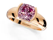 Tension Engagement Ring Setting for Fancy Pink Cushion Cut Center with Wide Flat Band and Tension Head in Rose Gold