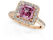Halo Engagement Ring Setting for Fancy Pink Asscher Cut Center with Pave Accents, Heart Basket and Prong Head in Rose Gold