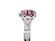 3 Stone Engagement Ring Setting for Fancy Pink Round Cut Center with Tapered Baguettes, Plain Band and Prong Head in Platinum