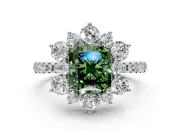 Floral Halo Engagement Ring Setting for Fancy Green Radiant Cut Center with Pave Accents and Prong Head in Sterling Silver