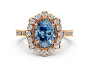 Milgrain Halo Engagement Ring Setting for Fancy Blue Oval Center with Bezel Point Accents and Prong Head in Rose Gold