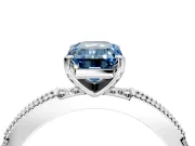 Solitaire Engagement Ring Setting for Fancy Blue Emerald Cut Center with Milgrain-Edged Pave Band and Prong Head in Sterling Silver