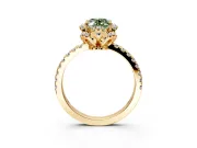 Halo Engagement Ring Setting for Fancy Green Oval Center with Openwork Halo, Pave Band and Prong Head in Yellow Gold