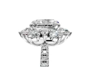 Floral Halo Engagement Ring Setting for Radiant Cut Center with Pave Accents and Prong Head in White Gold