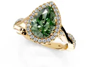 Halo Engagement Ring Setting for Fancy Green Pear-Shaped Center with Twist Band and Prong Head in Yellow Gold