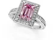 Halo Engagement Ring Setting for Fancy Pink Emerald Cut Center with Framed Halo, Pave Band and Prong Head in Platinum