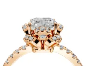 Halo Engagement Ring Setting for Cushion Cut Center with Openwork Halo, Pave Band and Prong Head in Rose Gold