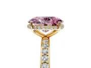 Hidden Halo Engagement Ring Setting for Fancy Pink Oval Center with Pave Band and Prong Head in Yellow Gold