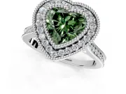 Halo Engagement Ring Setting for Fancy Green Heart-Shaped Center with Milgrain Frame, Pave Band and Prong Head in Sterling Silver
