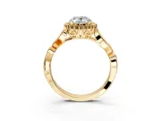 Halo Engagement Ring Setting for Oval Center with Leaf Motif Split Shank and Prong Head in Yellow Gold