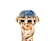Halo Engagement Ring Setting for Fancy Blue Cushion Cut Center with Open Scroll Shoulders and Prong Head in Rose Gold