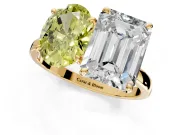 Fancy Yellow Oval and Emerald Cut Lab-Grown Diamond Toi et Moi Engagement Ring with Prong-Set Stones in Yellow Gold