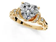 Solitaire Engagement Ring Setting for Heart-Shaped Center with Filigree Band and Prong Head in Yellow Gold