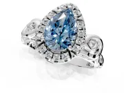 Halo Engagement Ring Setting for Fancy Blue Pear-Shaped Center with Open Scroll Shoulders and Prong Head in White Gold