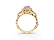 Halo Engagement Ring Setting for Fancy Pink Marquise Center with Open Scroll Shoulders and Prong Head in Yellow Gold