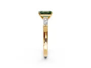 3 Stone Engagement Ring Setting for Fancy Green Emerald Cut Center with Tapered Baguettes, Plain Band and Prong Head in Yellow Gold