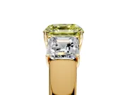 3 Stone Engagement Ring Setting for Fancy Yellow Asscher Cut Center with Raised Basket Heads and Prong Head in Yellow Gold