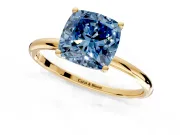 Solitaire Engagement Ring Setting for Fancy Blue Cushion Cut Center with Straight Thin Band and Prong Head in Yellow Gold