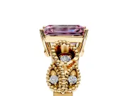 Leaf Engagement Ring Setting for Fancy Pink Emerald Cut Center with Milgrain Accent Band and Prong Head in Yellow Gold