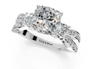 3 Stone Engagement Ring Setting for Cushion Cut Center with Pave Twist Band and Prong Head in Platinum