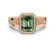Halo Engagement Ring Setting for Fancy Green Emerald Cut Center with Wide Band, Inlaid Accent Row and Prong Head in Rose Gold