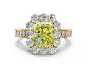 Halo Engagement Ring Setting for Fancy Yellow Radiant Cut Center with Milgrain Channel Band and Prong Head in Yellow Gold