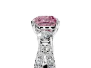 3 Stone Engagement Ring Setting for Fancy Pink Cushion Cut Center with Pave Split Shank and Prong Head in Platinum
