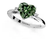 3 Stone Engagement Ring Setting for Fancy Green Heart-Shaped Center with Low-Set Round Cut Accents and Prong Head in White Gold
