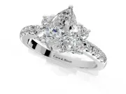 Paired Accent Engagement Ring Setting for Pear-Shaped Center with Pave Band and Prong Head in White Gold