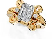 Solitaire Engagement Ring Setting for Emerald Cut Center with Twisted Band and Scroll Prong Head in Yellow Gold