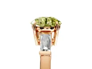 3 Stone Engagement Ring Setting for Fancy Yellow Round Cut Center with Baguette Accents and Prong Head in Rose Gold